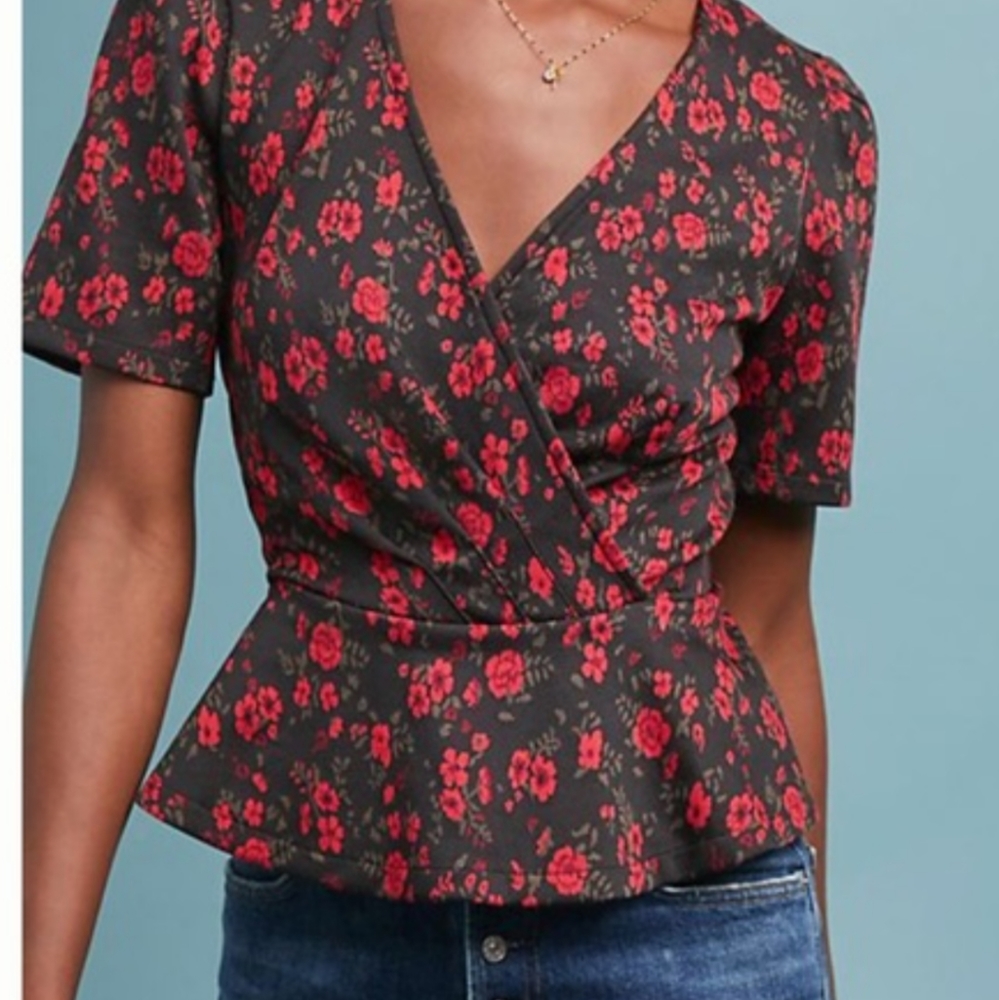 Meadow Rue by Anthropologie Black & Red Floral Rose Faux Wrap Top Romantic